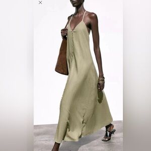 Zara Olive Green/Khaki Linen Maxi Dress NWT